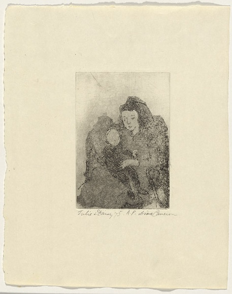 Artist: b'Cameron, Diana.' | Title: b'Julie and Daisy.' | Date: 1975 | Technique: b'aquatint and etching, printed in black ink, from one plate' Artist: b'Cameron, Diana.' | Title: b'Julie and Daisy.' | Date: 1975 | Technique: b'aquatint and etching, printed in black ink, from one plate'