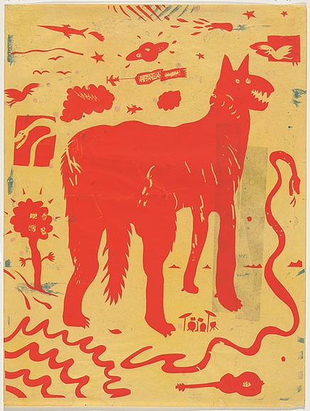 Artist: b'WORSTEAD, Paul' | Title: b'(Red dog)' | Date: (1974-76?) | Technique: b'screenprint, printed in colour, from four stencils' | Copyright: b'This work appears on screen courtesy of the artist' Artist: b'WORSTEAD, Paul' | Title: b'(Red dog)' | Date: (1974-76?) | Technique: b'screenprint, printed in colour, from four stencils' | Copyright: b'This work appears on screen courtesy of the artist'