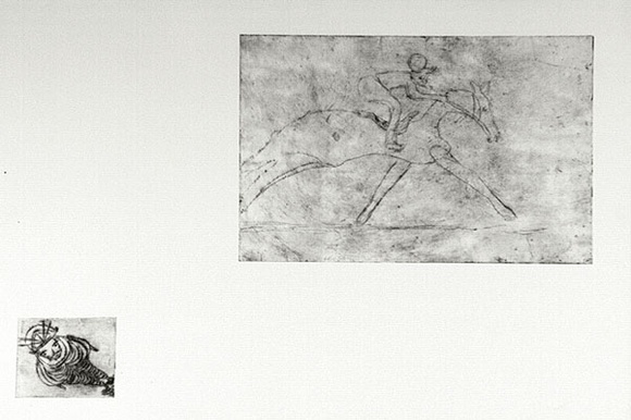 Artist: b'Shearer, Mitzi.' | Title: b'not titled [Racing horse and jockey, male figure]' | Technique: b'etching, printed in black ink, from two  plates'
