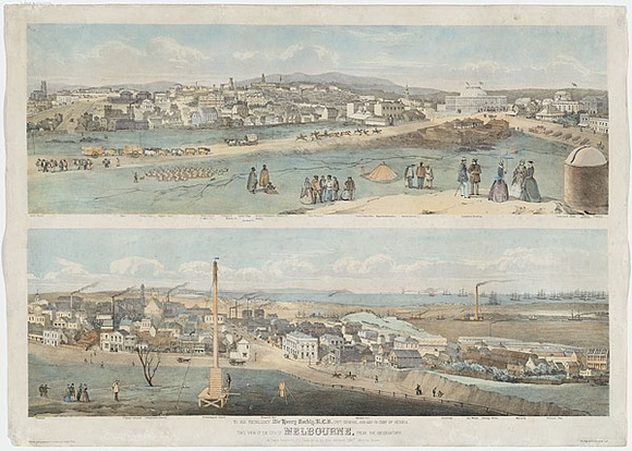 Artist: b'Rowe, George.' | Title: b'View of the City of Melbourne.' | Date: 1858 | Technique: b'lithograph, printed in colour, from multiple stones' Artist: b'Rowe, George.' | Title: b'View of the City of Melbourne.' | Date: 1858 | Technique: b'lithograph, printed in colour, from multiple stones'