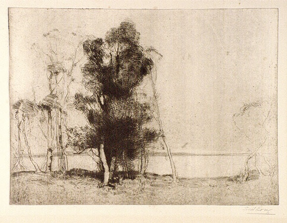 Artist: b'Long, Sydney.' | Title: b'Landscape, Gosford' | Date: 1928, before | Technique: b'line-etching, printed in brown ink, from one copper plate' | Copyright: b'Reproduced with the kind permission of the Ophthalmic Research Institute of Australia' Artist: b'Long, Sydney.' | Title: b'Landscape, Gosford' | Date: 1928, before | Technique: b'line-etching, printed in brown ink, from one copper plate' | Copyright: b'Reproduced with the kind permission of the Ophthalmic Research Institute of Australia'