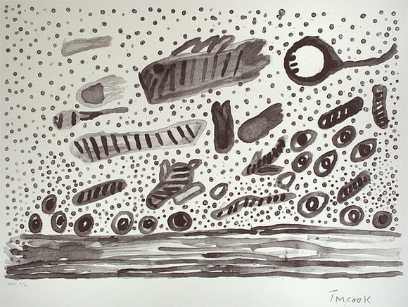 Artist: b'Cook, Timothy.' | Title: b'Yinkiti kapiwinga (seafood, salt water)' | Date: 2001, January | Technique: b'lithograph, printed in black ink, from one aluminium plate' | Copyright: b'\xc2\xa9 Timothy Cook, Jilamara Arts & Craft' Artist: b'Cook, Timothy.' | Title: b'Yinkiti kapiwinga (seafood, salt water)' | Date: 2001, January | Technique: b'lithograph, printed in black ink, from one aluminium plate' | Copyright: b'\xc2\xa9 Timothy Cook, Jilamara Arts & Craft'