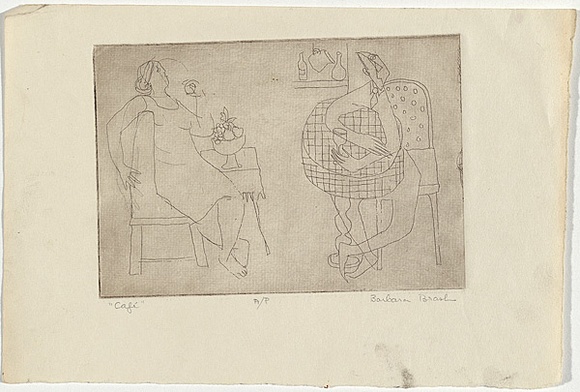 Artist: b'Brash, Barbara.' | Title: b'Cafe.' | Date: 1950s | Technique: b'etching, printed with plate-tone in brown ink from one plate' Artist: b'Brash, Barbara.' | Title: b'Cafe.' | Date: 1950s | Technique: b'etching, printed with plate-tone in brown ink from one plate'