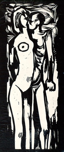 Artist: b'Clifton, Nancy.' | Title: b'Two nudes.' | Date: c.1958 | Technique: b'linocut, printed in navy blue ink, from one block' Artist: b'Clifton, Nancy.' | Title: b'Two nudes.' | Date: c.1958 | Technique: b'linocut, printed in navy blue ink, from one block'