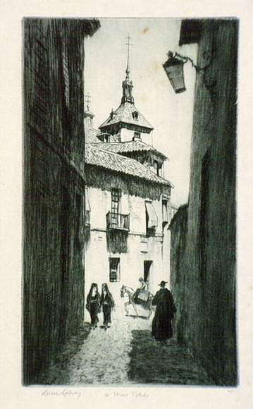 Artist: b'LINDSAY, Lionel' | Title: b'A street, Toledo' | Date: 1938 | Technique: b'drypoint, printed in green/blue ink, from one plate' | Copyright: b'Courtesy of the National Library of Australia' Artist: b'LINDSAY, Lionel' | Title: b'A street, Toledo' | Date: 1938 | Technique: b'drypoint, printed in green/blue ink, from one plate' | Copyright: b'Courtesy of the National Library of Australia'