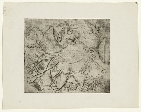 Artist: b'BOYD, Arthur' | Title: b'Figure with eyes and ram.' | Date: (1962-63) | Technique: b'drypoint, printed in black ink, from one plate' | Copyright: b'Reproduced with permission of Bundanon Trust' Artist: b'BOYD, Arthur' | Title: b'Figure with eyes and ram.' | Date: (1962-63) | Technique: b'drypoint, printed in black ink, from one plate' | Copyright: b'Reproduced with permission of Bundanon Trust'