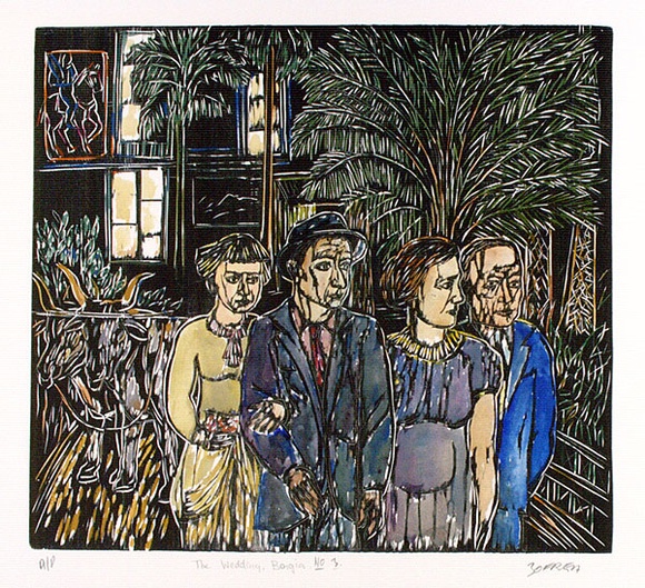 Artist: b'Zofrea, Salvatore.' | Title: b'The wedding, Borgia.' | Date: 1989 | Technique: b'woodcut, printed in black, from one block; hand-coloured' | Copyright: b'\xc2\xa9 Salvatore Zofrea, 1989' Artist: b'Zofrea, Salvatore.' | Title: b'The wedding, Borgia.' | Date: 1989 | Technique: b'woodcut, printed in black, from one block; hand-coloured' | Copyright: b'\xc2\xa9 Salvatore Zofrea, 1989'