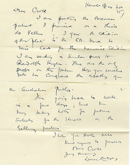 Artist: b'LINDSAY, Lionel' | Title: b'Letter: Lionel Lindsay to R.H. Croll 14 September 1935 (2pp).' | Date: 1935 | Technique: b'pen and blue ink' | Copyright: b'Courtesy of the National Library of Australia' Artist: b'LINDSAY, Lionel' | Title: b'Letter: Lionel Lindsay to R.H. Croll 14 September 1935 (2pp).' | Date: 1935 | Technique: b'pen and blue ink' | Copyright: b'Courtesy of the National Library of Australia'