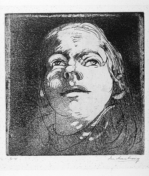 Artist: b'Armstrong, Ian.' | Title: b'Head.' | Date: c.1960 | Technique: b'etching and aquatint, printed in black ink, from one plate' Artist: b'Armstrong, Ian.' | Title: b'Head.' | Date: c.1960 | Technique: b'etching and aquatint, printed in black ink, from one plate'
