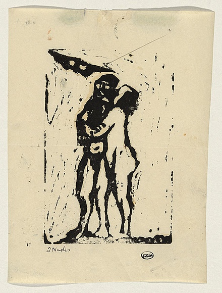 Artist: b'WILLIAMS, Fred' | Title: b'Adam and Eve' | Date: c.1959 | Technique: b'linocut, printed in black ink, from one block' | Copyright: b'\xc2\xa9 Fred Williams Estate' Artist: b'WILLIAMS, Fred' | Title: b'Adam and Eve' | Date: c.1959 | Technique: b'linocut, printed in black ink, from one block' | Copyright: b'\xc2\xa9 Fred Williams Estate'