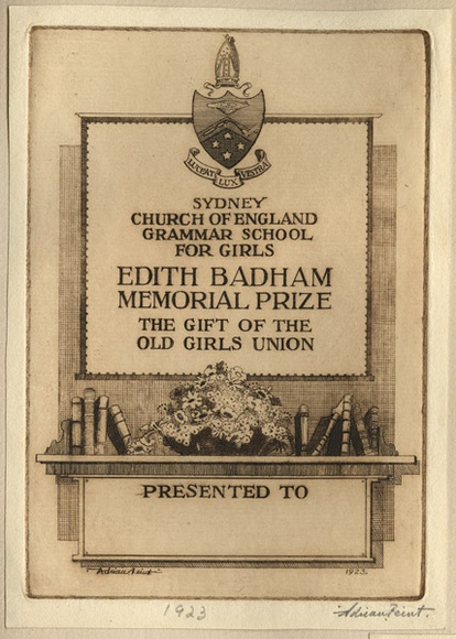 Artist: b'FEINT, Adrian' | Title: b'Bookplate: Edith Badham Memorial Prize, Sydney Church of England, Grammar School for Girls.' | Date: 1923 | Technique: b'etching, printed in brown ink with plate-tone, from one plate' | Copyright: b'Courtesy the Estate of Adrian Feint' Artist: b'FEINT, Adrian' | Title: b'Bookplate: Edith Badham Memorial Prize, Sydney Church of England, Grammar School for Girls.' | Date: 1923 | Technique: b'etching, printed in brown ink with plate-tone, from one plate' | Copyright: b'Courtesy the Estate of Adrian Feint'