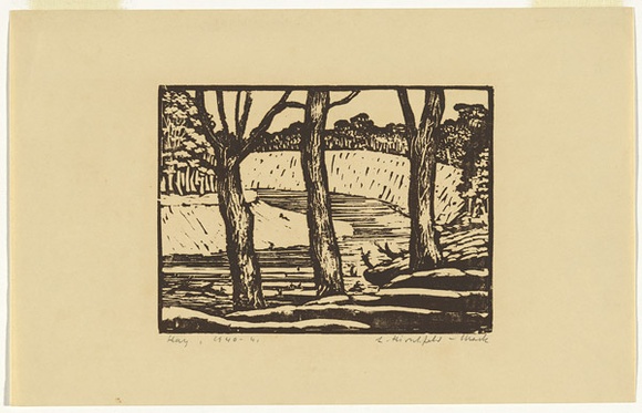 Artist: b'Hirschfeld Mack, Ludwig.' | Title: b'Hay, Murrumbidgee River landscape.' | Date: 1940-41 | Technique: b'woodcut, printed in colour, from multiple blocks' Artist: b'Hirschfeld Mack, Ludwig.' | Title: b'Hay, Murrumbidgee River landscape.' | Date: 1940-41 | Technique: b'woodcut, printed in colour, from multiple blocks'