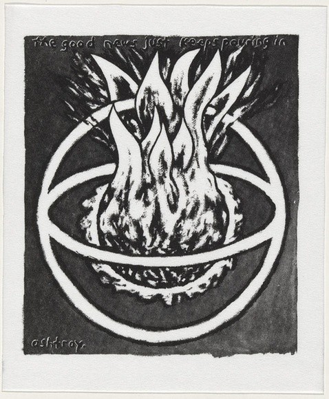 Artist: b'WORSTEAD, Paul' | Title: b'The good news just keep pouring in' | Date: 1992 | Technique: b'screenprint, printed in black ink, from one stencil' | Copyright: b'This work appears on screen courtesy of the artist' Artist: b'WORSTEAD, Paul' | Title: b'The good news just keep pouring in' | Date: 1992 | Technique: b'screenprint, printed in black ink, from one stencil' | Copyright: b'This work appears on screen courtesy of the artist'