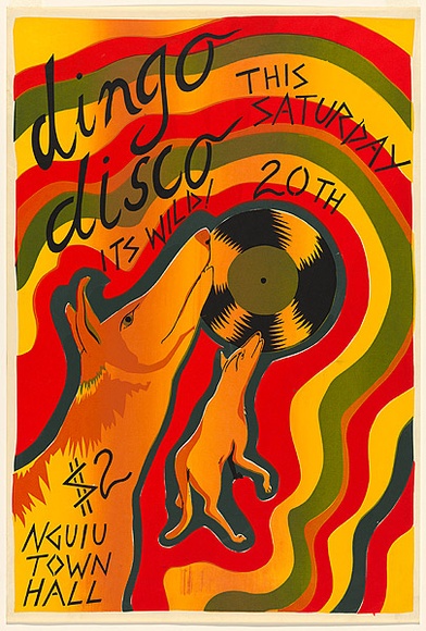 Artist: b'Young, Ray.' | Title: b'Dingo disco' | Date: 1980 | Technique: b'screenprint, printed in colour, from four stencils' | Copyright: b'\xc2\xa9 Raymond John Young' Artist: b'Young, Ray.' | Title: b'Dingo disco' | Date: 1980 | Technique: b'screenprint, printed in colour, from four stencils' | Copyright: b'\xc2\xa9 Raymond John Young'