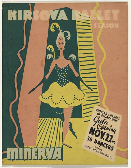 Artist: b'Sainthill, Loudon.' | Title: b'Kirsova Ballet Season, poster' | Date: c.1943 | Technique: b'screenprint, printed in colour, from multiple stencils' Artist: b'Sainthill, Loudon.' | Title: b'Kirsova Ballet Season, poster' | Date: c.1943 | Technique: b'screenprint, printed in colour, from multiple stencils'