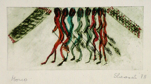 Artist: b'Shearer, Mitzi.' | Title: bThe faun's afternoon out | Date: 1978 | Technique: b'etching, printed in green ink with plate-tone, from one plate, hand-coloured with felt-tipped pen' Artist: b'Shearer, Mitzi.' | Title: bThe faun's afternoon out | Date: 1978 | Technique: b'etching, printed in green ink with plate-tone, from one plate, hand-coloured with felt-tipped pen'