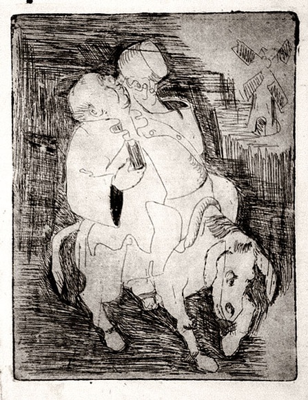 Artist: b'Barwell, Jennifer.' | Title: b'(Sancho Panza).' | Date: (1955) | Technique: b'drypoint printed in black ink with plate-tone, from one plate' Artist: b'Barwell, Jennifer.' | Title: b'(Sancho Panza).' | Date: (1955) | Technique: b'drypoint printed in black ink with plate-tone, from one plate'