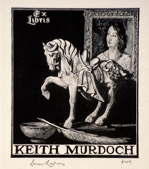 Artist: b'LINDSAY, Lionel' | Title: b'Book plate: Keith Murdoch' | Date: 1943 | Technique: b'wood-engraving, printed in black ink, from one block' | Copyright: b'Courtesy of the National Library of Australia' Artist: b'LINDSAY, Lionel' | Title: b'Book plate: Keith Murdoch' | Date: 1943 | Technique: b'wood-engraving, printed in black ink, from one block' | Copyright: b'Courtesy of the National Library of Australia'