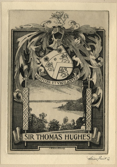 Artist: b'FEINT, Adrian' | Title: b'Bookplate: Sir Thomas Hughes.' | Date: 1924 | Technique: b'etching, printed in black ink with plate-tone, from one plate' | Copyright: b'Courtesy the Estate of Adrian Feint' Artist: b'FEINT, Adrian' | Title: b'Bookplate: Sir Thomas Hughes.' | Date: 1924 | Technique: b'etching, printed in black ink with plate-tone, from one plate' | Copyright: b'Courtesy the Estate of Adrian Feint'