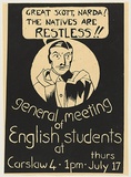 Artist: UNKNOWN | Title: Great scott, Narda. The natives are restless | Date: 1975 | Technique: screenprint, printed in black ink, from one stencil