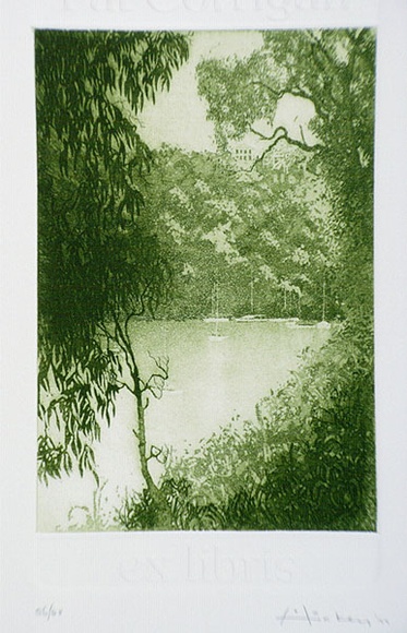 Artist: b'Hickey, Peter.' | Title: b'Bookplate: Pat Corrigan' | Date: 1977 | Technique: b'etching, printed in green ink, from one plate; embossed name from second plate' Artist: b'Hickey, Peter.' | Title: b'Bookplate: Pat Corrigan' | Date: 1977 | Technique: b'etching, printed in green ink, from one plate; embossed name from second plate'