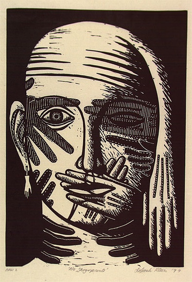 Artist: b'Klein, Deborah.' | Title: b'No finger prints' | Date: 1997 | Technique: b'linocut, printed in black ink, from one block' Artist: b'Klein, Deborah.' | Title: b'No finger prints' | Date: 1997 | Technique: b'linocut, printed in black ink, from one block'