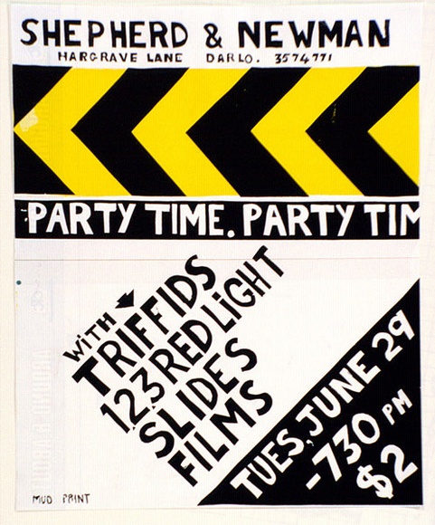 Artist: b'MERD INTERNATIONAL' | Title: b'Party time Triffids Tues June 29' | Date: 1984 | Technique: b'screenprint' Artist: b'MERD INTERNATIONAL' | Title: b'Party time Triffids Tues June 29' | Date: 1984 | Technique: b'screenprint'