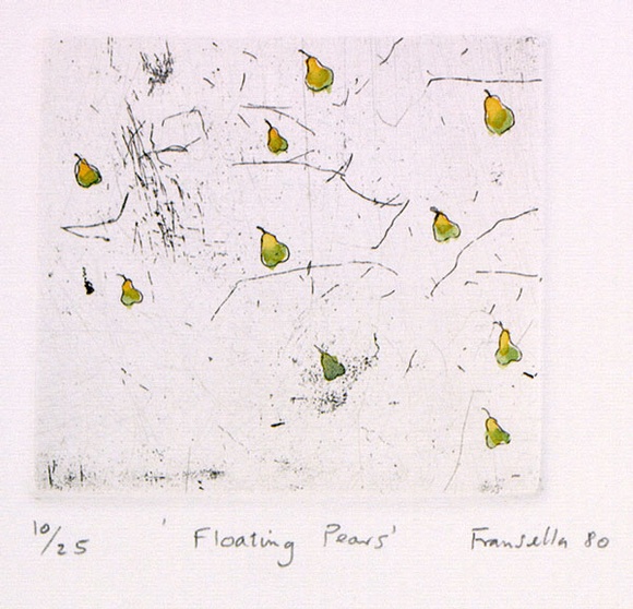 Artist: b'Fransella, Graham.' | Title: b'Floating pears.' | Date: 1980 | Technique: b'etching, printed in black ink, from one plate; hand-coloured' | Copyright: b'Courtesy of the artist' Artist: b'Fransella, Graham.' | Title: b'Floating pears.' | Date: 1980 | Technique: b'etching, printed in black ink, from one plate; hand-coloured' | Copyright: b'Courtesy of the artist'