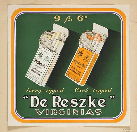 Artist: b'Burdett, Frank.' | Title: b'Label: De Reszke, Virginia cigarettes.' | Date: 1930 | Technique: b'lithograph, printed in colour, from multiple stones [or plates]'