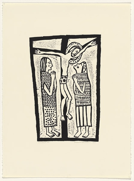 Artist: b'HANRAHAN, Barbara' | Title: b'Crucifixion' | Date: 1962 | Technique: b'woodcut, printed in black ink, from one block' Artist: b'HANRAHAN, Barbara' | Title: b'Crucifixion' | Date: 1962 | Technique: b'woodcut, printed in black ink, from one block'