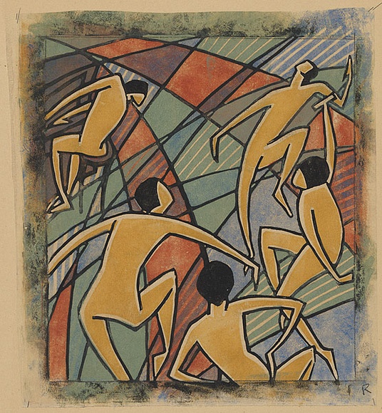 Artist: b'Black, Dorrit.' | Title: b'Music.' | Date: 1928 | Technique: b'linocut, printed in colour, from five blocks (black, yellow ochre, brick red, grey-green, cobalt blue)' Artist: b'Black, Dorrit.' | Title: b'Music.' | Date: 1928 | Technique: b'linocut, printed in colour, from five blocks (black, yellow ochre, brick red, grey-green, cobalt blue)'