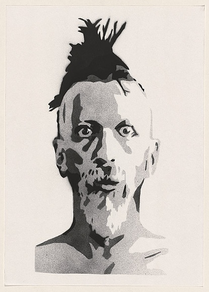 Artist: b'Dodd, James.' | Title: b'A3 study of Peter Hoare (Shock).' | Date: 2003 | Technique: b'stencil, printed in black and grey, from three stencils' Artist: b'Dodd, James.' | Title: b'A3 study of Peter Hoare (Shock).' | Date: 2003 | Technique: b'stencil, printed in black and grey, from three stencils'