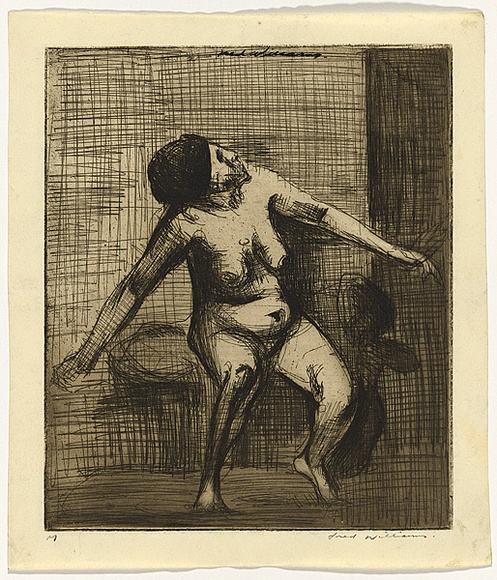 Artist: b'WILLIAMS, Fred' | Title: b'Nude figure' | Date: 1954-55 | Technique: b'etching, printed in black ink with plate-tone, from one zinc plate' | Copyright: b'\xc2\xa9 Fred Williams Estate' Artist: b'WILLIAMS, Fred' | Title: b'Nude figure' | Date: 1954-55 | Technique: b'etching, printed in black ink with plate-tone, from one zinc plate' | Copyright: b'\xc2\xa9 Fred Williams Estate'