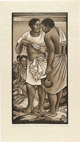 Artist: b'White, Robin.' | Title: b'The fisherman shows us his wound' | Date: 1995 | Technique: b'woodcut, printed in sepia ink, from two blocks' Artist: b'White, Robin.' | Title: b'The fisherman shows us his wound' | Date: 1995 | Technique: b'woodcut, printed in sepia ink, from two blocks'