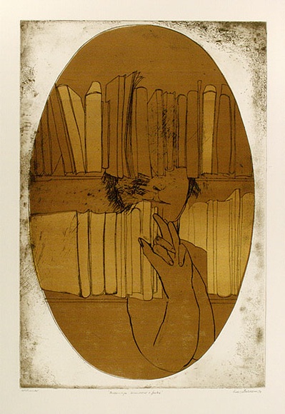 Artist: b'BALDESSIN, George' | Title: b'Personage, window and books.' | Date: 1973 | Technique: b'etching and aquatint, printed in brown ink, from one plate; over stencil, printed in brown and yellow ink, from multiple stencils.' Artist: b'BALDESSIN, George' | Title: b'Personage, window and books.' | Date: 1973 | Technique: b'etching and aquatint, printed in brown ink, from one plate; over stencil, printed in brown and yellow ink, from multiple stencils.'