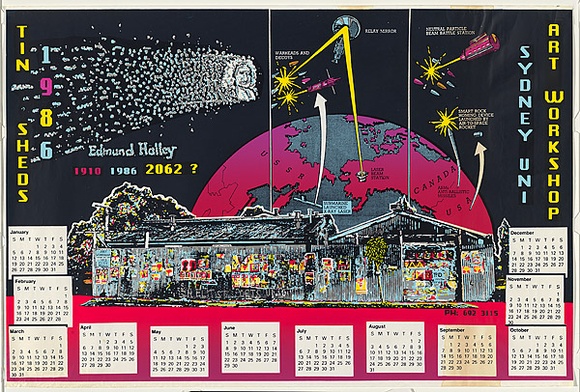 Artist: b'TIN SHEDS POSTERS' | Title: b'Tin Sheds Calendar 1986 - Edmund Halley' | Date: 1985 | Technique: b'screenprint, printed in colour, from five stencils'