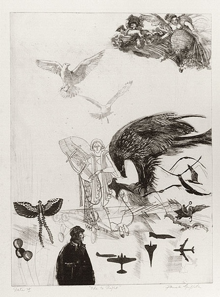 Artist: b'GRIFFITH, Pamela' | Title: b'Ode to flight' | Date: 1980 | Technique: b'etching, soft-ground, hard ground, aquatint, second hard ground, sand paper lift printed in black ink, from one zinc plate' | Copyright: b'\xc2\xa9 Pamela Griffith' Artist: b'GRIFFITH, Pamela' | Title: b'Ode to flight' | Date: 1980 | Technique: b'etching, soft-ground, hard ground, aquatint, second hard ground, sand paper lift printed in black ink, from one zinc plate' | Copyright: b'\xc2\xa9 Pamela Griffith'
