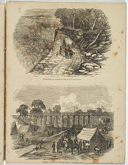 Artist: b'Mason, Walter George.' | Title: b'Opening of the new Fitzroy Bridge, Goulburn 1854.' | Date: 1857 | Technique: b'wood-engraving, printed in black ink, from one block' Artist: b'Mason, Walter George.' | Title: b'Opening of the new Fitzroy Bridge, Goulburn 1854.' | Date: 1857 | Technique: b'wood-engraving, printed in black ink, from one block'