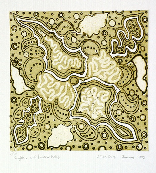 Artist: b'Davey, Jillian.' | Title: b'Kuyiku piti' | Date: 1995, January | Technique: b'aquatint, sugarlift and etching, printed in green ink, from one plate' Artist: b'Davey, Jillian.' | Title: b'Kuyiku piti' | Date: 1995, January | Technique: b'aquatint, sugarlift and etching, printed in green ink, from one plate'