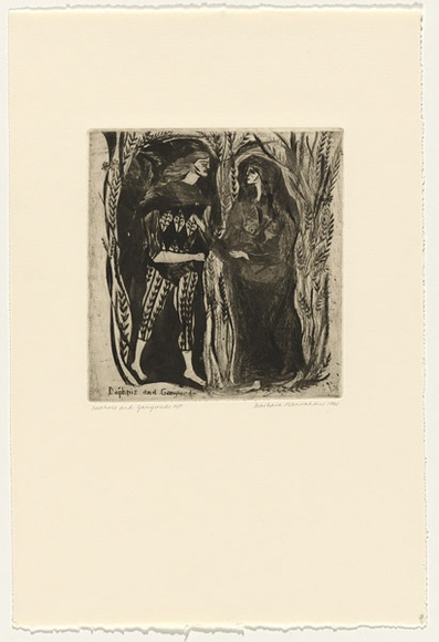 Artist: b'HANRAHAN, Barbara' | Title: b'Daphnis and Ganymede' | Date: 1961 | Technique: b'drypoint, printed in black ink with plate-tone, from one plate' Artist: b'HANRAHAN, Barbara' | Title: b'Daphnis and Ganymede' | Date: 1961 | Technique: b'drypoint, printed in black ink with plate-tone, from one plate'