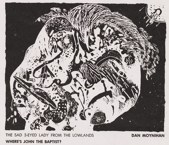 Artist: b'Moynihan, Danny.' | Title: bThe sad 3-eyed lady from the lowlands. Where's John the Baptist? | Date: 1967 | Technique: b'linocut' Artist: b'Moynihan, Danny.' | Title: bThe sad 3-eyed lady from the lowlands. Where's John the Baptist? | Date: 1967 | Technique: b'linocut'