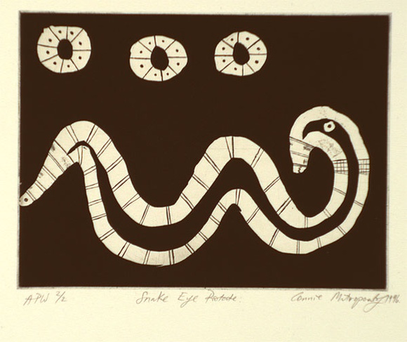 Artist: b'MITROPOULOS, Connie' | Title: b'Snake eye rotate' | Date: 1996, July/August | Technique: b'aquatint, sugar lift and etching, printed in black ink, from one plate' Artist: b'MITROPOULOS, Connie' | Title: b'Snake eye rotate' | Date: 1996, July/August | Technique: b'aquatint, sugar lift and etching, printed in black ink, from one plate'