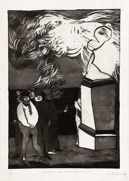 Artist: b'BALDESSIN, George' | Title: b'War lords before their own proper monuments.' | Date: 1964 | Technique: b'etching, aquatint and drypoint, printed in black ink, from one plate' Artist: b'BALDESSIN, George' | Title: b'War lords before their own proper monuments.' | Date: 1964 | Technique: b'etching, aquatint and drypoint, printed in black ink, from one plate'