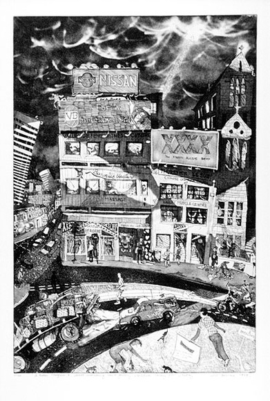Artist: b'McBurnie, Ron.' | Title: b'Still searching for a Gallery: Fortitude Valley 9 pm Friday' | Date: 1989 | Technique: b'etching, and aquatint, printed in black ink, from one zinc plate' | Copyright: b'\xc2\xa9 Ron McBurnie' Artist: b'McBurnie, Ron.' | Title: b'Still searching for a Gallery: Fortitude Valley 9 pm Friday' | Date: 1989 | Technique: b'etching, and aquatint, printed in black ink, from one zinc plate' | Copyright: b'\xc2\xa9 Ron McBurnie'