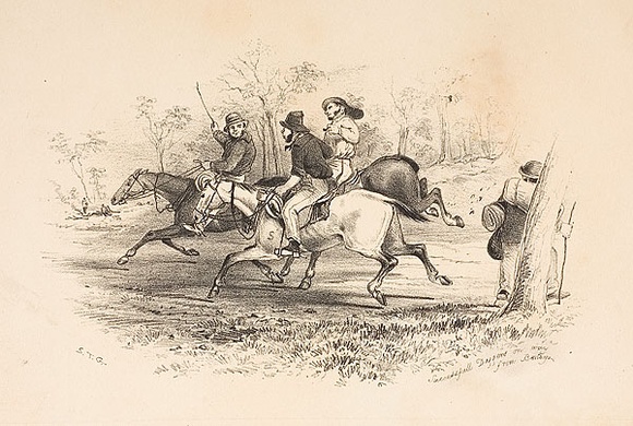 Artist: b'GILL, S.T.' | Title: b'Successful diggers on way from Bendigo.' | Date: 1852 | Technique: b'lithograph, printed in black ink, from one stone' Artist: b'GILL, S.T.' | Title: b'Successful diggers on way from Bendigo.' | Date: 1852 | Technique: b'lithograph, printed in black ink, from one stone'