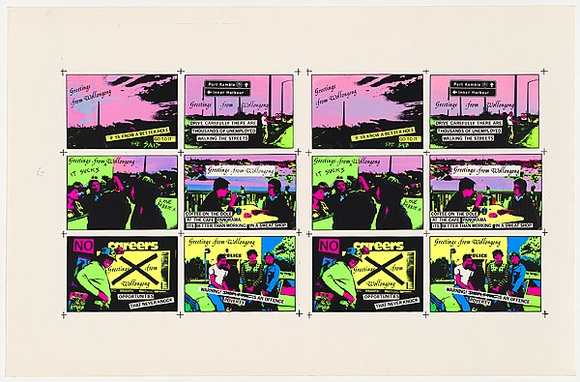 Title: Postcards: Greetings from Wollongong  - version 1 [double sheet] | Date: 1979 | Technique: screenprint, printed in colour, from five stencils (recto)
screenprint, printed in black ink, from one stencil (verso)