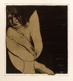 Artist: BALDESSIN, George | Title: Seated figure. | Date: 1973 | Technique: etching and aquatint, printed in black ink, from one plate; over stencil, printed in colour, from two stencils.
