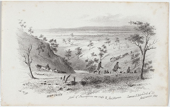 Artist: b'GILL, S.T.' | Title: b'Deep Creek, mail and passangers en route to Melbourne.' | Date: 1855-56 | Technique: b'lithograph, printed in black ink, from one stone' Artist: b'GILL, S.T.' | Title: b'Deep Creek, mail and passangers en route to Melbourne.' | Date: 1855-56 | Technique: b'lithograph, printed in black ink, from one stone'