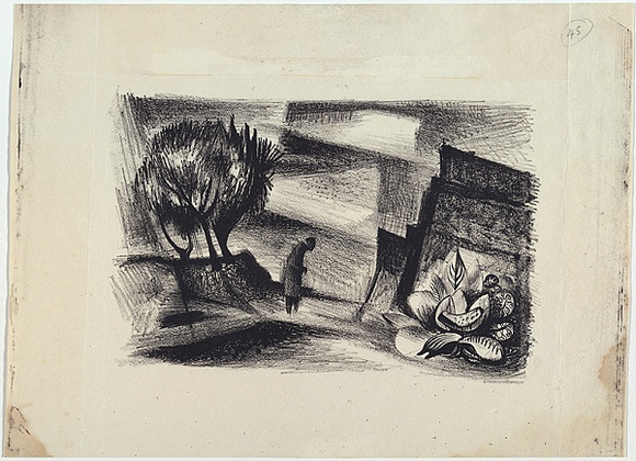 Artist: b'Barwell, Geoff.' | Title: b'(Man in tropical garden).' | Date: (1955) | Technique: b'lithograph, printed in black ink, from one plate' Artist: b'Barwell, Geoff.' | Title: b'(Man in tropical garden).' | Date: (1955) | Technique: b'lithograph, printed in black ink, from one plate'