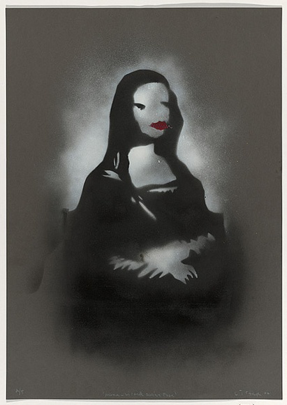 Artist: b'Lister, Anthony.' | Title: b'Mona Lisa doesnt pose.' | Date: 2004 | Technique: b'stencil, printed in black and white aerosol paint, from multiple stencils; hand-coloured with red ink' Artist: b'Lister, Anthony.' | Title: b'Mona Lisa doesnt pose.' | Date: 2004 | Technique: b'stencil, printed in black and white aerosol paint, from multiple stencils; hand-coloured with red ink'